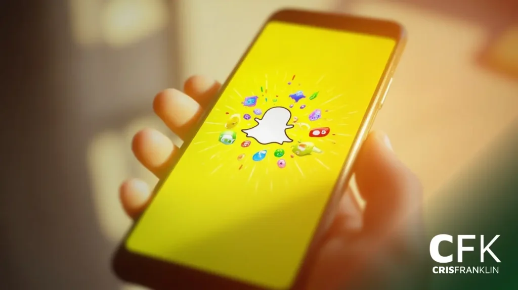 Uma pessoa segura um smartphone exibindo a tela de carregamento do aplicativo Snapchat, com o logotipo branco do fantasma em um fundo amarelo e ícones coloridos ao redor.