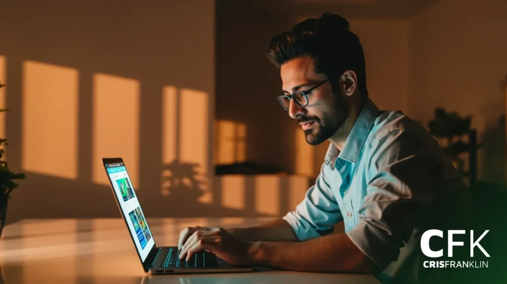 Um homem usando óculos trabalha em um laptop em uma mesa em uma sala pouco iluminada, com luz quente projetando sombras na parede. A tela exibe um site colorido.