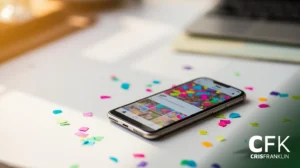 Um smartphone exibindo uma galeria de fotos coloridas repousa sobre uma mesa branca cheia de confetes, com um laptop desfocado ao fundo.
