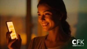 Uma mulher sorri enquanto olha para a tela de seu smartphone que exibe várias mensagens de texto, com uma iluminação quente ao fundo. O logotipo "CFK CRISFRANKLIN" aparece no canto.