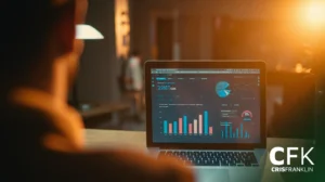 Uma pessoa olha para um laptop que exibe tabelas e gráficos de dados em uma sala pouco iluminada. "CFK CRISFRANKLIN" está visível no canto inferior direito.