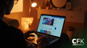 Uma pessoa usa um laptop em seu colo em uma sala mal iluminada, navegando em um site de streaming de música. O logotipo da CFK CRISFRANKLIN está visível no canto inferior direito.
