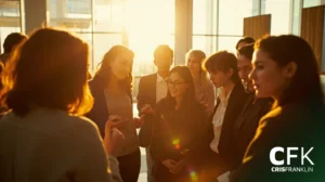 Um grupo de pessoas em trajes de negócios está em um escritório iluminado pelo sol, ouvindo atentamente uma mulher falar. O logotipo da CFK Cris Franklin está visível no canto inferior direito.