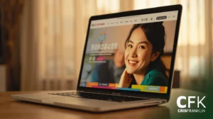 Um laptop sobre uma mesa exibe um site com uma mulher sorridente. A tela mostra botões de navegação coloridos e texto em um idioma do leste asiático. O logotipo da CFK CRISFRANKLIN está visível.