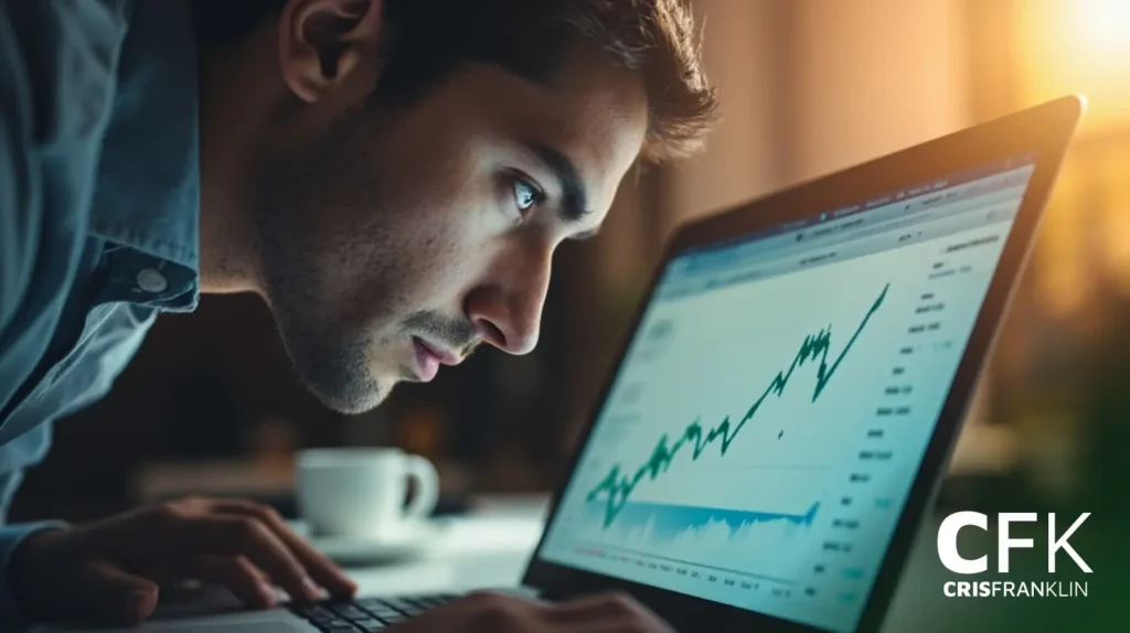 Um homem examina atentamente a tela de um laptop que exibe gráficos de linha e dados financeiros, com uma xícara de café ao fundo e o logotipo "CFK CrisFranklin" visível.