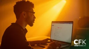 Um homem de óculos digita em um laptop em uma sala pouco iluminada com luz amarela quente vindo de trás.