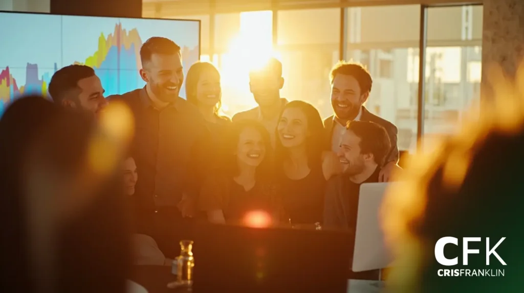 Um grupo de pessoas sorrindo e em pé juntas em um escritório, com a luz do sol entrando e um gráfico exibido em uma tela ao fundo.