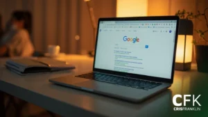 Um laptop exibindo a página inicial de pesquisa do Google fica em uma mesa ao lado de um caderno e uma caneta, com um fundo desfocado e iluminação quente.
