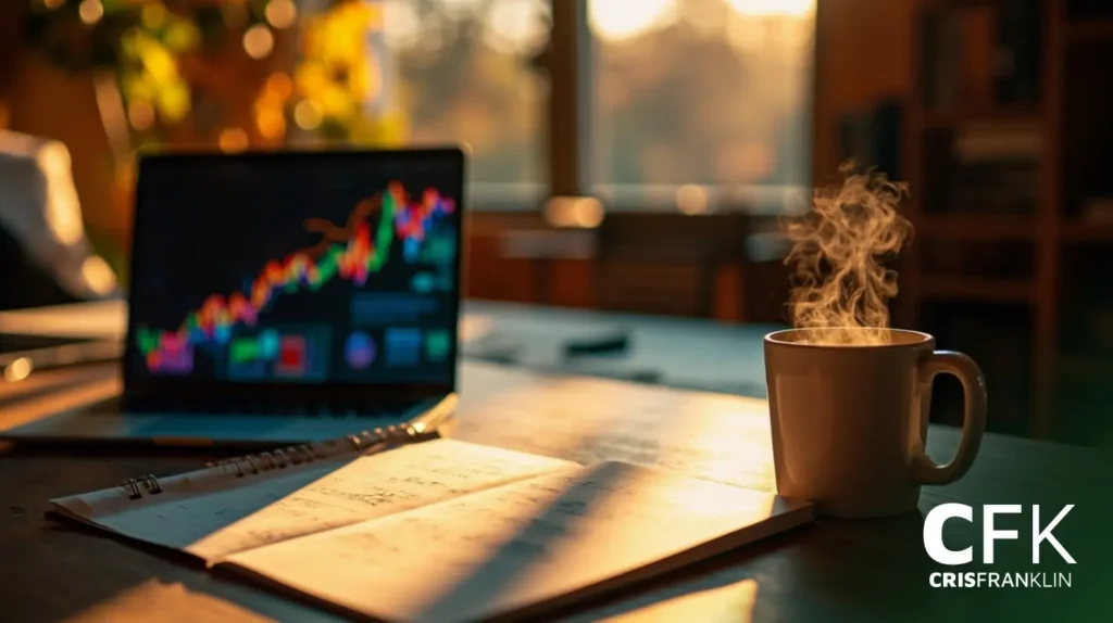 Um laptop exibindo um gráfico de ações colorido fica ao lado de um notebook aberto e uma caneca fumegante em uma mesa, com a luz do sol passando por uma janela.