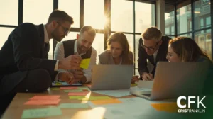 Cinco pessoas colaboram em torno de uma mesa com laptops, papéis e notas adesivas em um escritório iluminado pelo sol. O logotipo da CFK está visível no canto inferior direito.