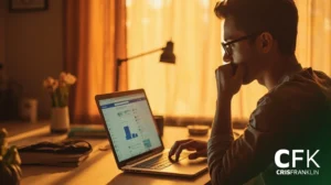 Uma pessoa sentada em uma mesa visualizando gráficos em uma tela de laptop em uma sala com iluminação quente, com o logotipo da CRISFRANKLIN visível no canto inferior direito.