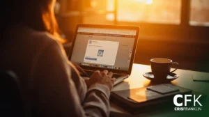 Uma pessoa usando um laptop em uma mesa com uma xícara de café e um notebook, a luz do sol entrando pela janela, o logotipo da CFK Cris Franklin visível no canto da imagem.