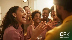 Um grupo de seis pessoas está junto em um ambiente fechado, rindo e sorrindo, com a luz quente do sol iluminando a cena. O logotipo da CFK Cris Franklin pode ser visto no canto.