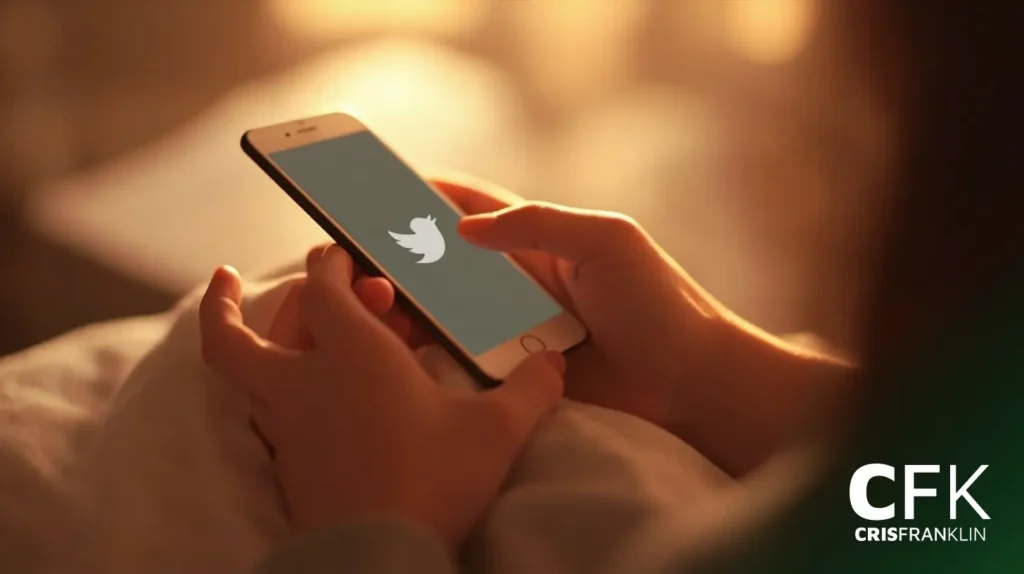 Uma pessoa segura um smartphone com o aplicativo do Twitter aberto, exibindo o logotipo do pássaro na tela.