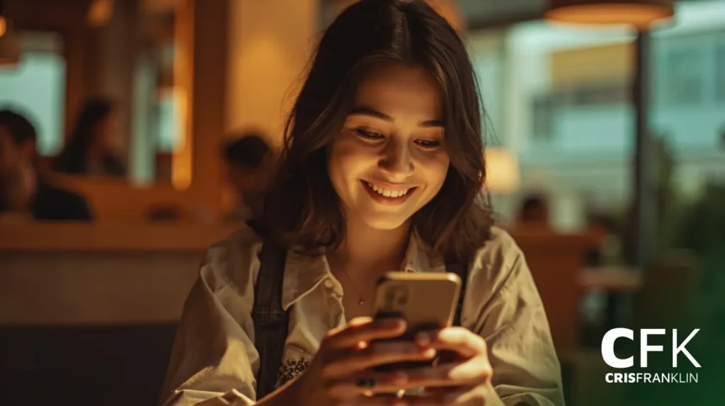 Uma jovem mulher está sentada em um ambiente interno, sorrindo enquanto olha para seu smartphone. O plano de fundo é suavemente iluminado e o logotipo "CFK CRISFRANKLIN" aparece no canto inferior direito.