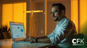 Um homem de óculos trabalha em um laptop que exibe gráficos e análises em um escritório com iluminação quente. O logotipo "CFK CRISFRANKLIN" aparece no canto inferior direito.