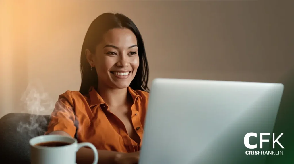 Uma mulher de camisa laranja sorri enquanto usa um laptop, com uma xícara de café fumegante por perto. O logotipo da CFK CRISFRANKLIN está visível no canto inferior direito.