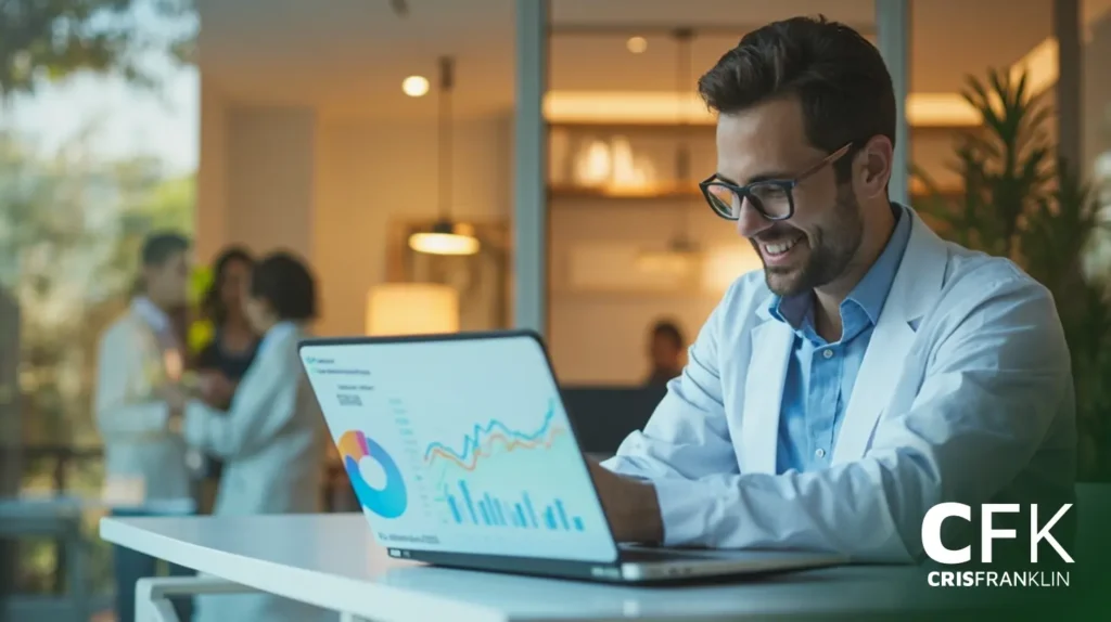 Um homem de jaleco branco sorri enquanto trabalha em um laptop que exibe gráficos de dados, com pessoas conversando ao fundo. O logotipo "CFK CRISFRANKLIN" está visível no canto inferior direito.