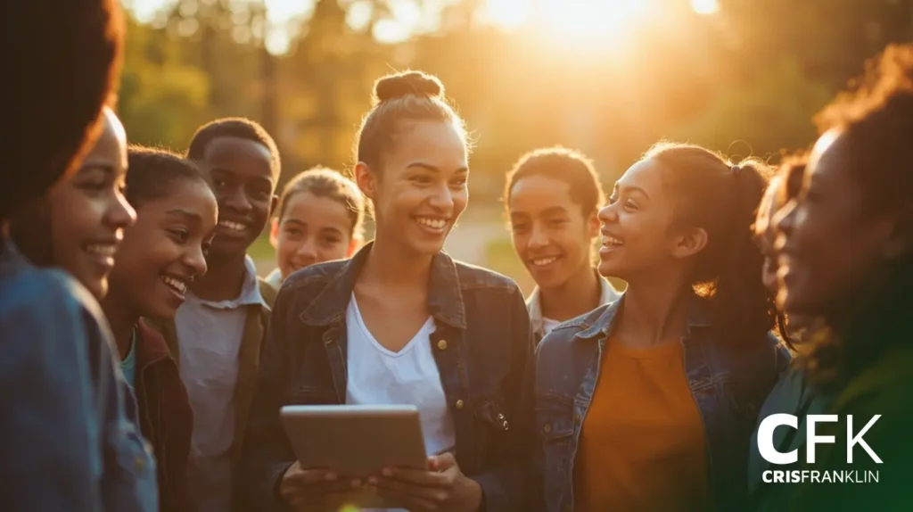 Um grupo de adolescentes está ao ar livre sob a luz do sol, sorrindo e conversando. Uma pessoa segura um tablet. O logotipo da CFK (Cris Franklin) aparece no canto inferior direito.