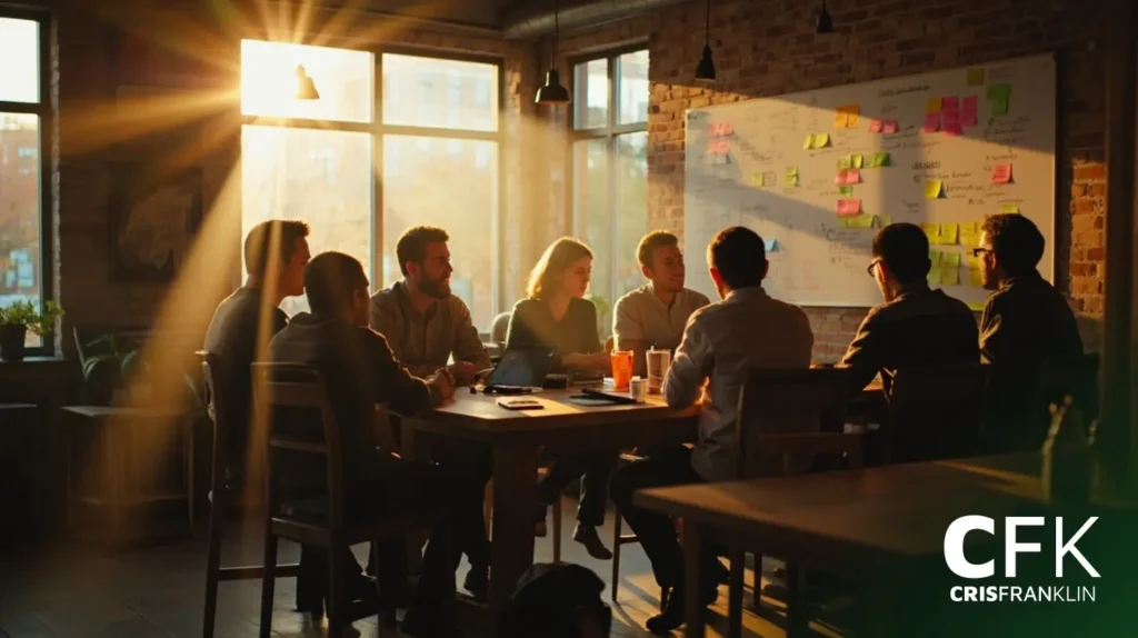 Um grupo de pessoas senta-se ao redor de uma mesa em um escritório iluminado pelo sol, discutindo o trabalho com laptops e anotações, de frente para um quadro branco coberto de notas adesivas.