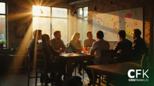 Um grupo de pessoas senta-se ao redor de uma mesa em um escritório iluminado pelo sol, discutindo o trabalho com laptops e anotações, de frente para um quadro branco coberto de notas adesivas.