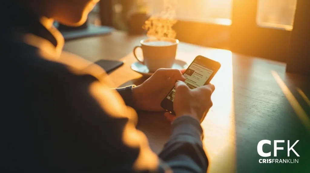 Pessoa usando um smartphone em uma mesa de madeira com uma xícara de café ao fundo, a luz do sol entrando pela janela e as letras "CFK CRISFRANKLIN" no canto.