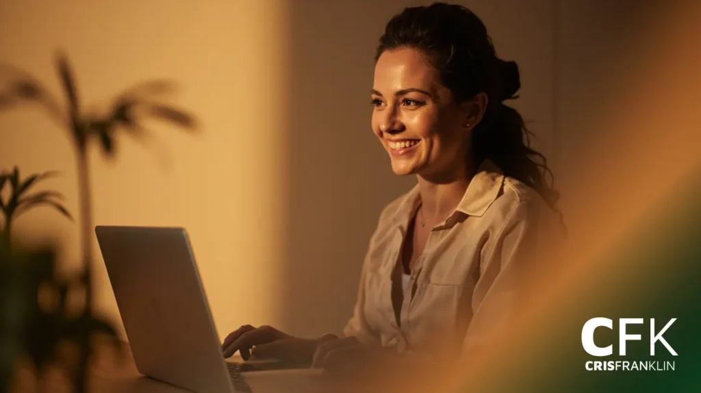 Uma mulher sentada em uma mesa usando um laptop, sorrindo, com iluminação quente e algumas plantas ao fundo. O logotipo "CFK CRISFRANKLIN" está visível no canto inferior direito.
