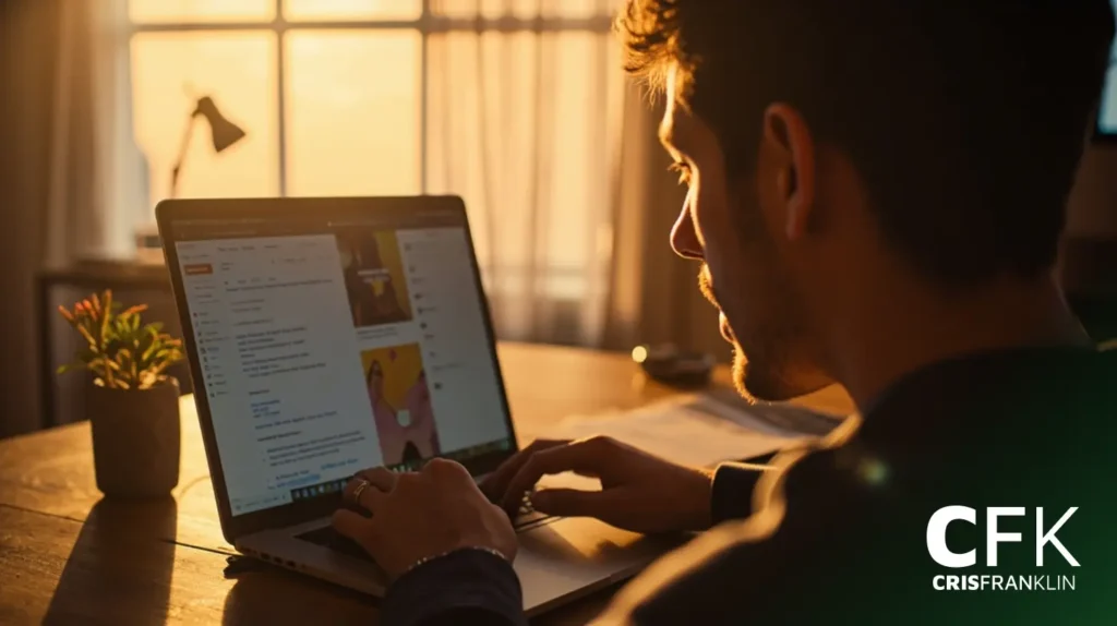 Pessoa usando um laptop em uma mesa com papéis e uma pequena planta, luz do sol passando pelas cortinas da janela e o logotipo "CFK CRISFRANKLIN" no canto.