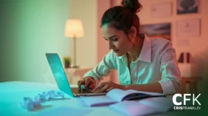 Uma mulher digita em um laptop em uma mesa, cercada por papéis e cadernos, em uma sala com iluminação suave. O logotipo "CFK CRISFRANKLIN" aparece no canto inferior direito.