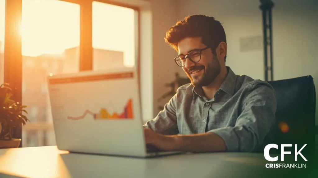 Homem de óculos trabalhando em um laptop em uma mesa, analisando um gráfico na tela, com a luz do sol entrando por uma janela. O logotipo "CFK Cris Franklin" está visível no canto.