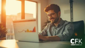 Homem de óculos trabalhando em um laptop em uma mesa, analisando um gráfico na tela, com a luz do sol entrando por uma janela. O logotipo "CFK Cris Franklin" está visível no canto.
