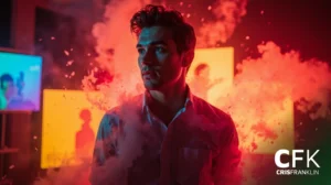 Um homem está em frente a telas brilhantes com fumaça colorida ao seu redor; as iniciais "CFK" e "Cris Franklin" são visíveis no canto inferior direito.