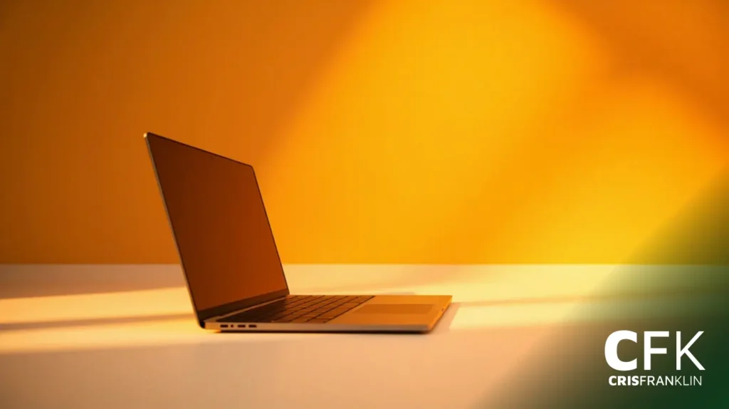Um laptop fino está aberto em uma superfície branca contra um fundo amarelo, com sombras projetadas pela luz. "CFK CRISFRANKLIN" está visível no canto inferior direito.