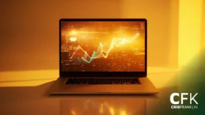 Um laptop em uma mesa exibe gráficos e tabelas financeiras brilhantes em sua tela; a imagem é iluminada com um tom amarelo-alaranjado. O logotipo da CFK CRISFRANKLIN aparece no canto inferior direito.