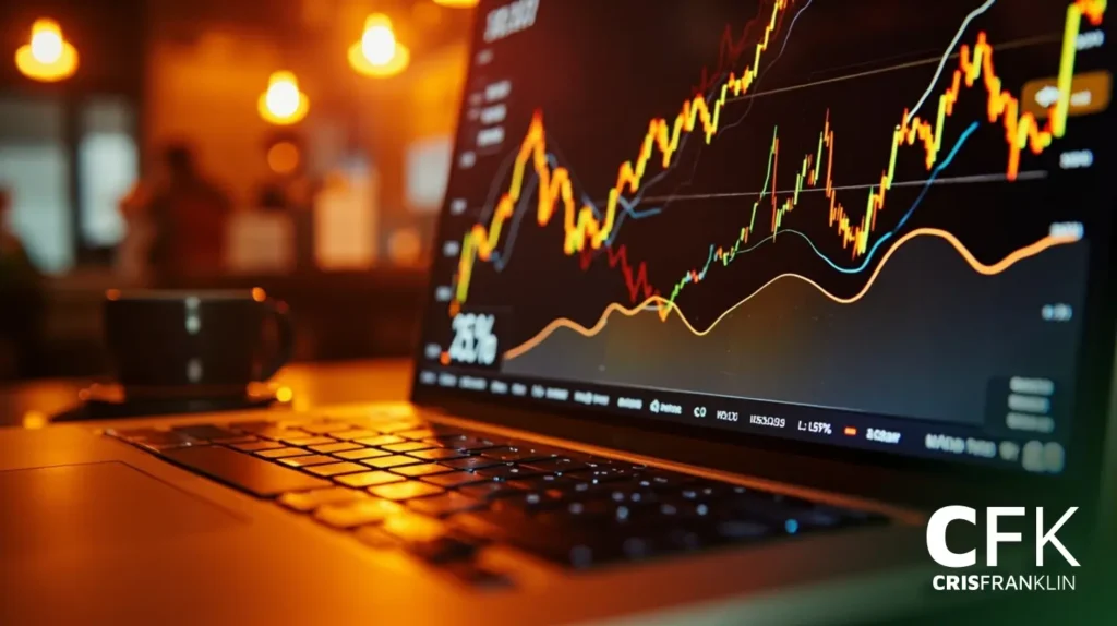 Um laptop exibe tabelas financeiras e gráficos de dados coloridos, com uma xícara de café borrada e uma iluminação ambiente quente ao fundo. A imagem tem a marca do logotipo da CFK.