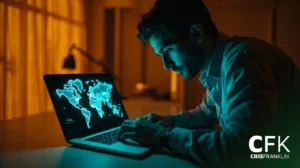 Um homem senta-se em uma mesa em uma sala pouco iluminada, usando atentamente um laptop que exibe um mapa-múndi digital. O logotipo "CFK Cris Franklin" aparece no canto inferior direito.