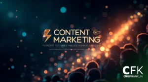 Um gráfico digital exibe "Content Marketing" em letras em negrito com um raio e um ícone de alvo, um subtítulo abaixo e uma multidão de pessoas em silhueta em primeiro plano.