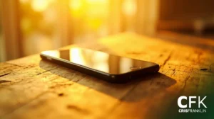 Um smartphone descansa virado para cima em uma superfície de madeira sob a luz quente e dourada do sol. O logotipo da CFK CRISFRANKLIN aparece no canto inferior direito.