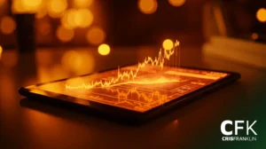 Um tablet exibe um gráfico financeiro brilhante de tendência ascendente, com luzes bokeh quentes no fundo e o logotipo da CFK CRISFRANKLIN no canto.