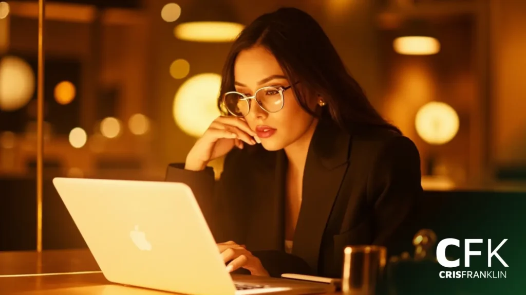 Uma mulher usando óculos trabalha em um laptop em uma mesa em uma sala com iluminação quente. As letras "CFK" e "Cris Franklin" aparecem no canto inferior direito.