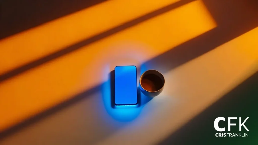 Um smartphone e uma xícara de café ficam lado a lado em uma superfície, iluminados por padrões de luz azul e laranja.