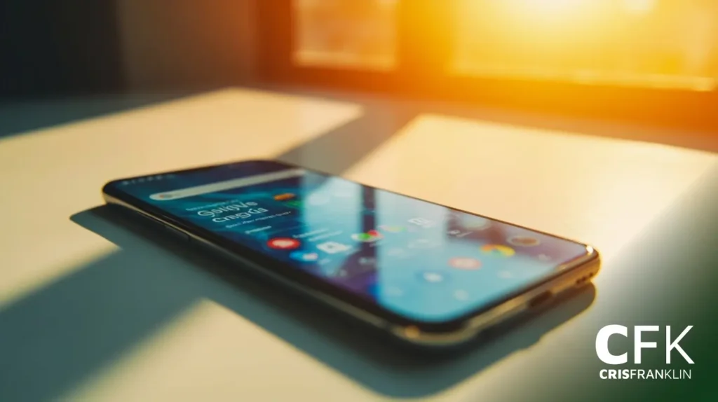 Um smartphone está virado para cima em uma superfície branca com a luz do sol entrando por uma janela. A tela exibe ícones de aplicativos. "CFK Cris Franklin" está visível no canto inferior direito.