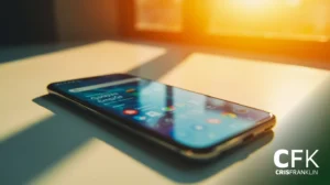 Um smartphone está virado para cima em uma superfície branca com a luz do sol entrando por uma janela. A tela exibe ícones de aplicativos. "CFK Cris Franklin" está visível no canto inferior direito.