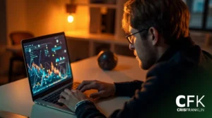 Um homem analisa dados e gráficos financeiros em um laptop em um escritório pouco iluminado. A tela exibe gráficos flutuantes. O logotipo da CFK CrispFranklin está visível no canto inferior direito.