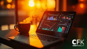 Um laptop exibe gráficos financeiros coloridos ao lado de uma caneca de café fumegante em uma mesa, com a luz do sol quente passando por uma janela. O logotipo "CFK CRISFRANKLIN" está visível no canto.