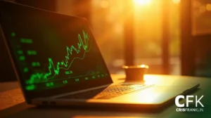 Um laptop exibindo um gráfico de linha verde fica em uma mesa sob a luz do sol, com uma xícara borrada e o logotipo da CFK Cris Franklin visível em primeiro plano.