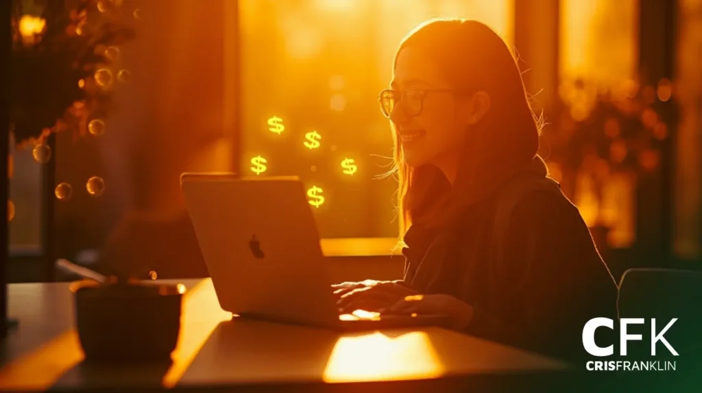 Uma mulher está sentada em uma mesa usando um laptop, sorrindo, com cifrões brilhando nas proximidades. A cena é iluminada pelo sol e o logotipo "CFK Cris Franklin" está no canto inferior direito.
