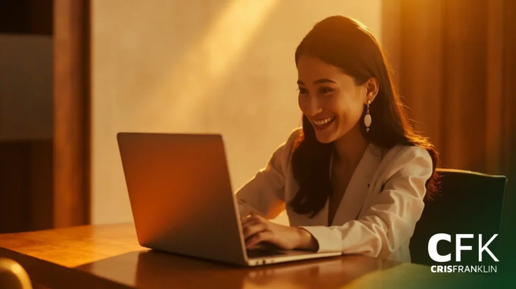 Uma mulher sentada em uma mesa usando um laptop, sorrindo, com uma iluminação quente ao fundo. O logotipo da CFK Cris Franklin está visível no canto inferior direito.