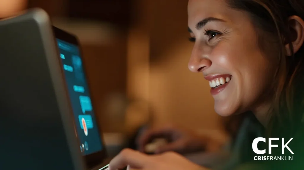 Uma mulher sorrindo enquanto digita em um laptop, com um aplicativo de bate-papo aberto na tela. A imagem tem a marca do logotipo da CRIS FRANKLIN no canto inferior direito.