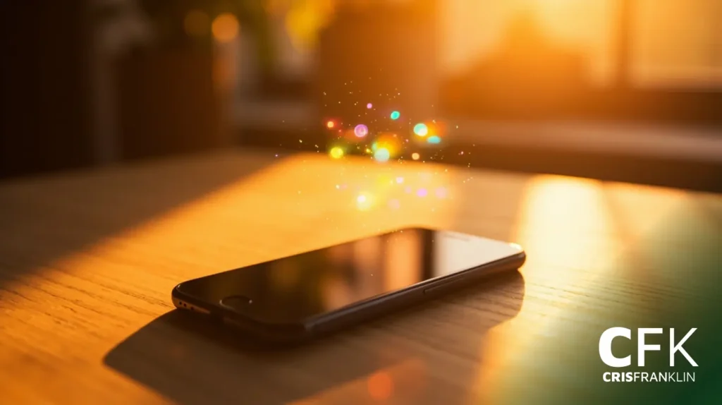 Um smartphone descansa em uma superfície de madeira com orbes de luz coloridos e brilhantes pairando sobre ele. A luz do sol incide sobre o fundo.